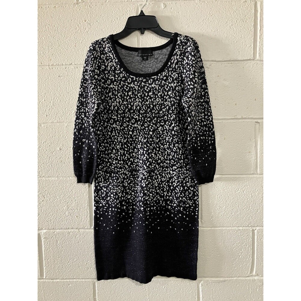 Attention Womens Size M Black White Knit Metallic Sheath Dress Long Sleeves